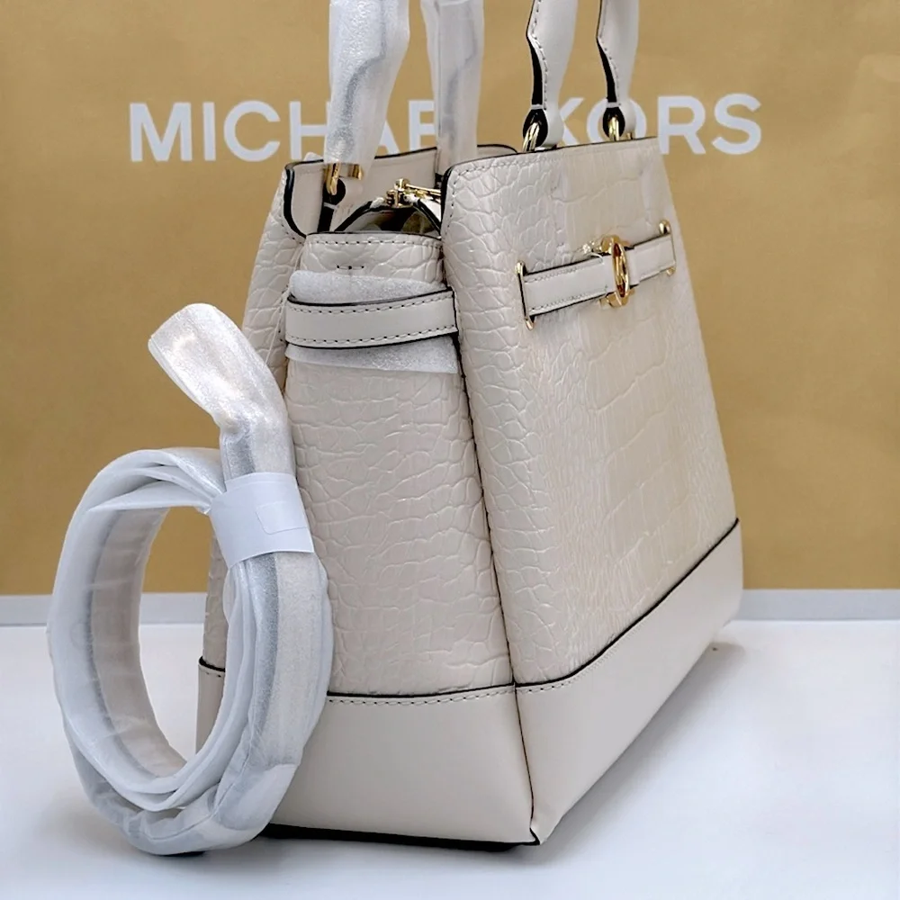 MICHAEL KORS Reed Large Leather Belted Satchel Crossbody Handbag Center Zip